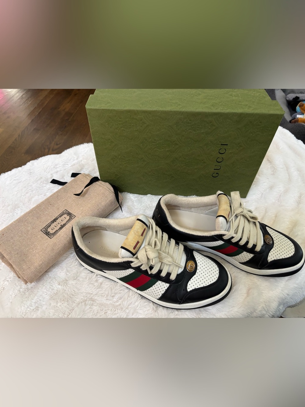 Gucci Black, White & Green-Red Web Low-Top Leather Sneakers